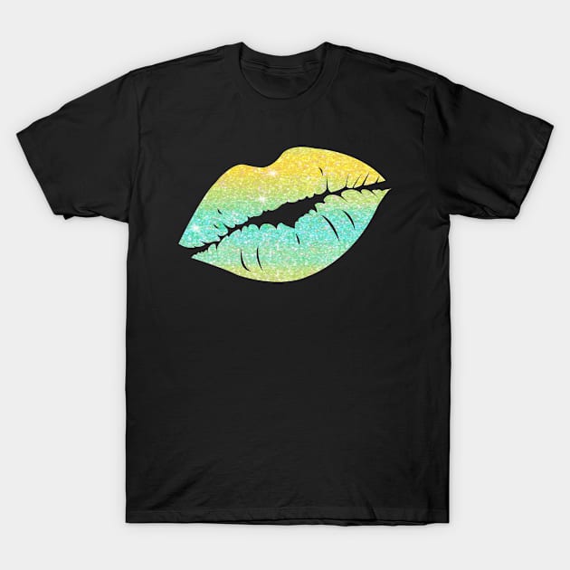 Bright Teal Yellow Ombre Faux Glitter Lips T-Shirt by Felicity-K